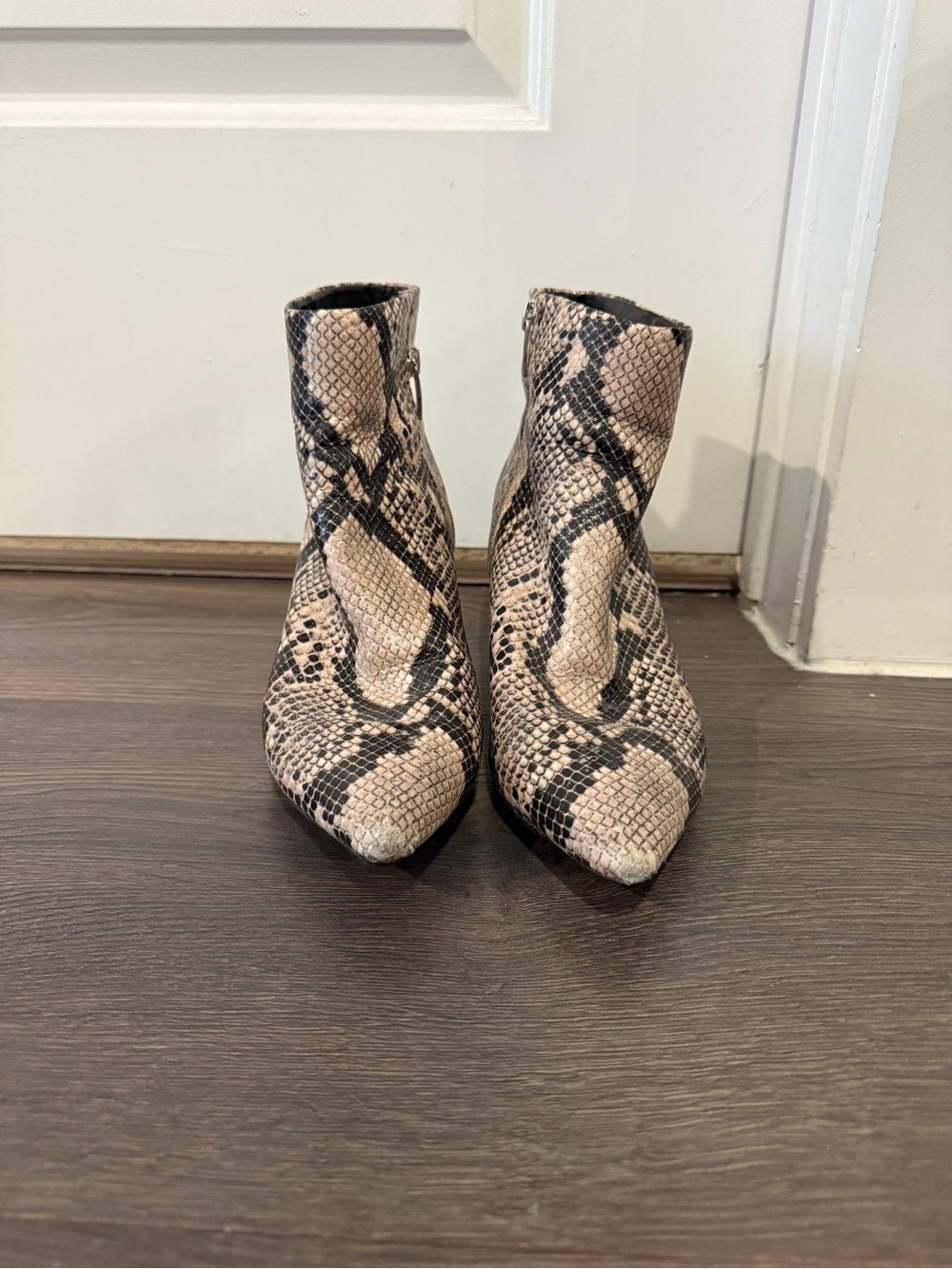 Marc Fisher Snake-Print Ankle Booties in Beige and Black